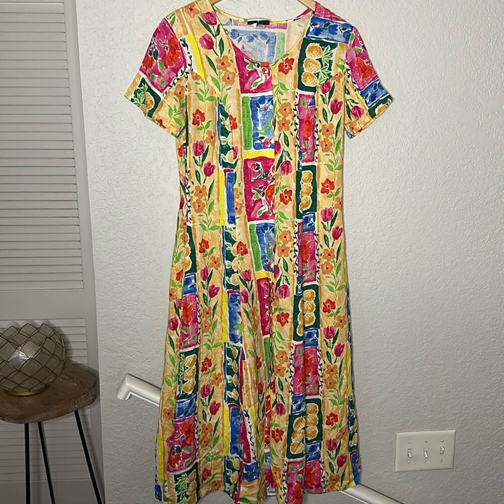 Vintage Hilo Hattie Hawaiian Tropical Floral Midi Shirt Dress Vacation Pineapple